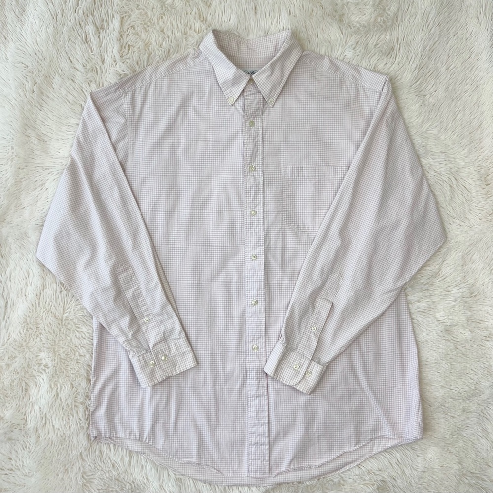Brooks Brothers men’s grey pink white dress shirt windowpane plaid Sz 17 34/35